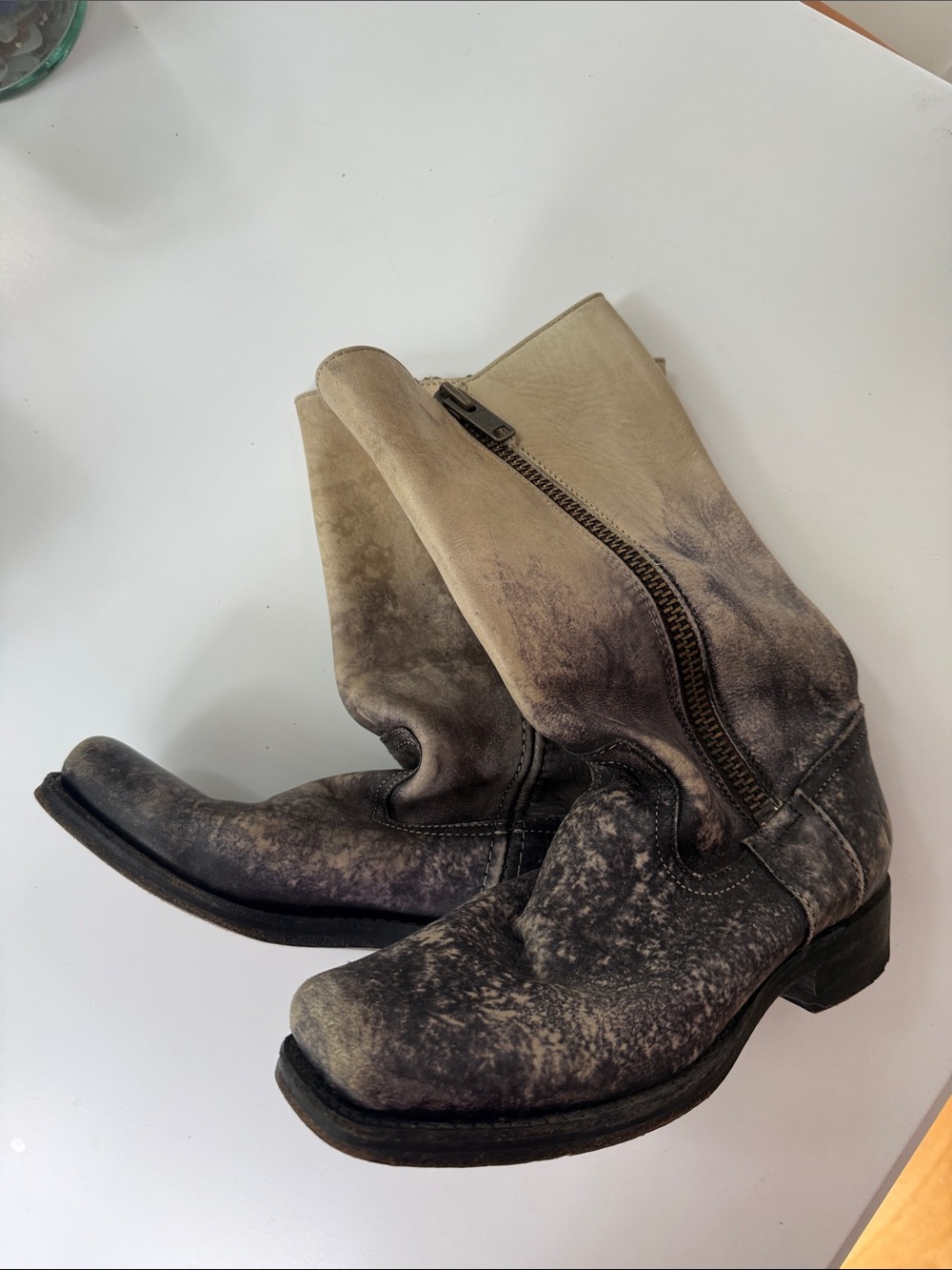 Vintage Frye Ombre charcoal gray blue and cream side zip leather boots 7.5